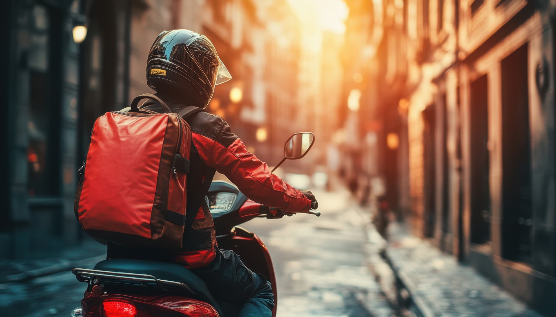 Motoboy de delivery de restaurante em rua urbana ao entardecer